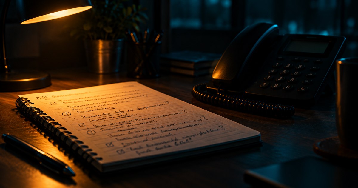 A notepad of handwritten customer questions beside a desk phone, lit by a single warm lamp