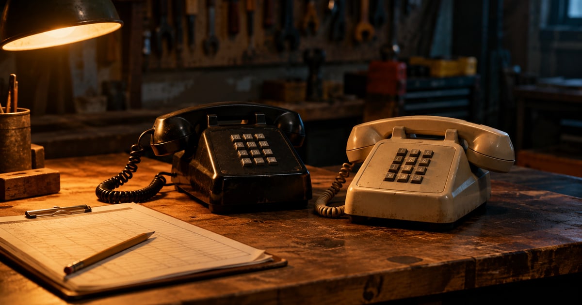Two desk phones side by side on a contractor's workbench, one beside a paper call log