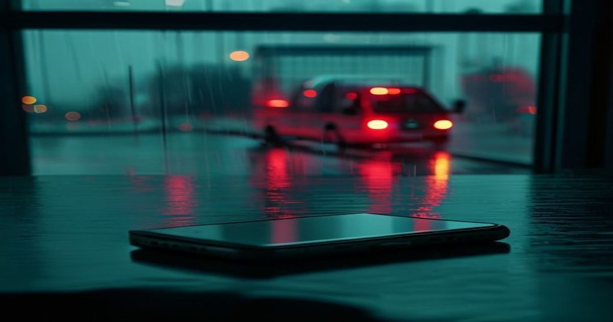 A phone lying face down on a table at dusk as a service van pulls away in the rain.