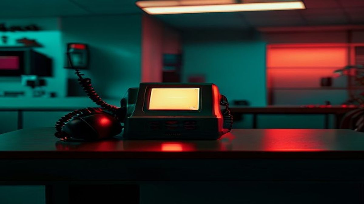 A desk phone glowing in an empty, darkened office after hours.