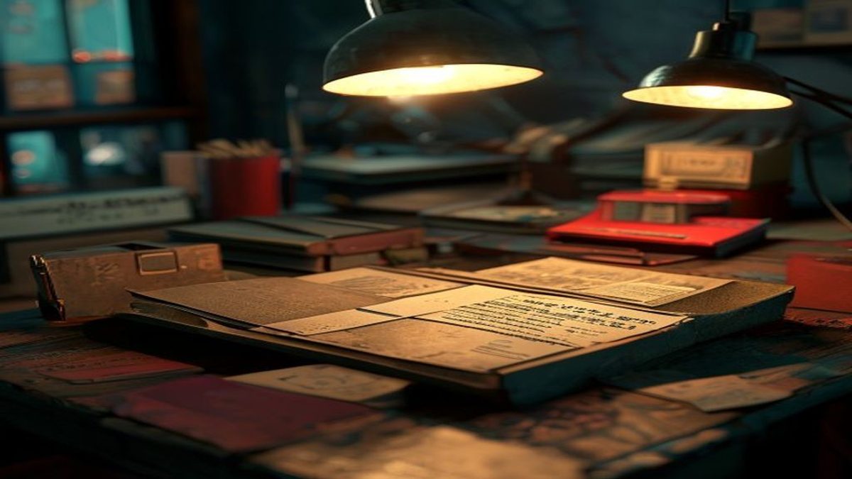 Stacked paper service records and job cards under a desk lamp.