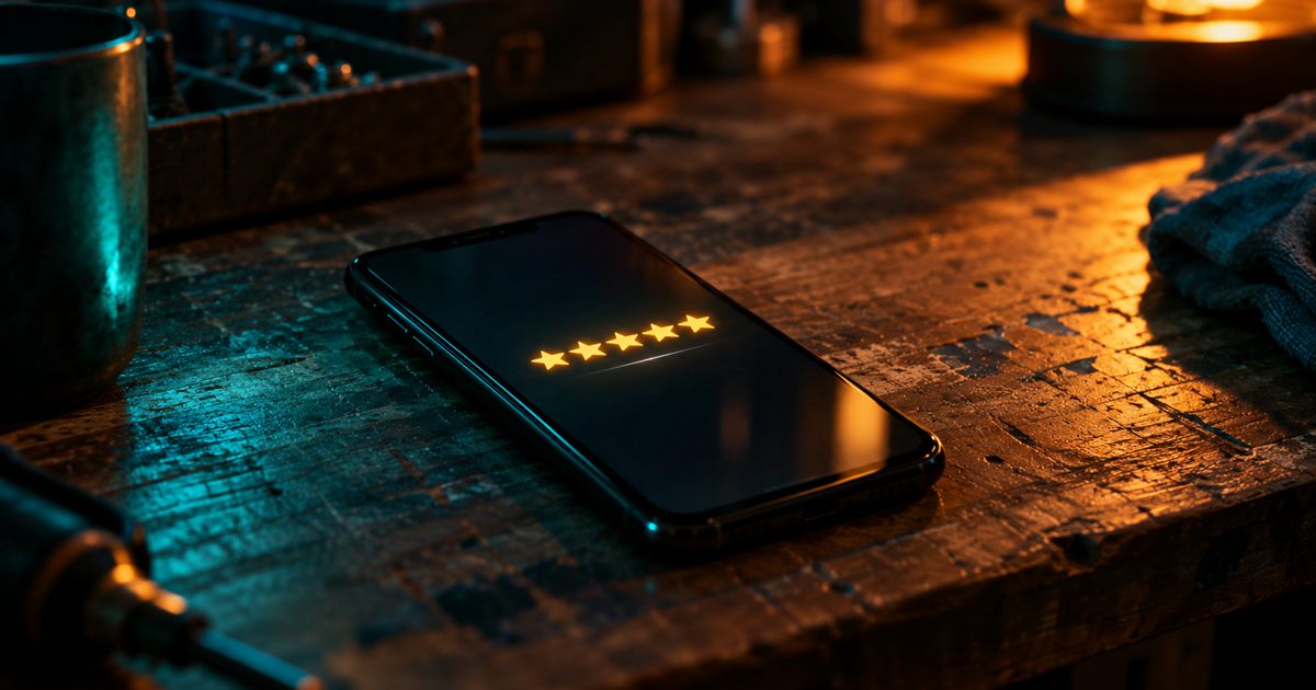 A phone on a workshop bench showing a five-star rating, lit warm against a dark background