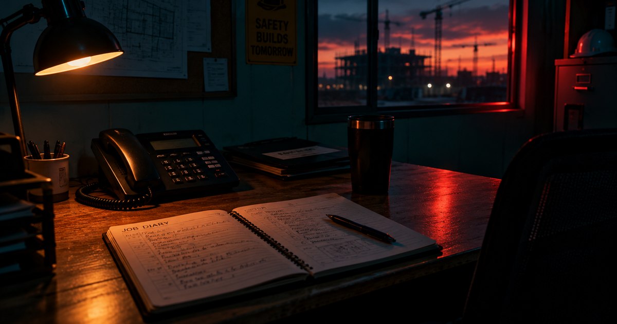 A contractor's site office at dusk with a job diary open beside a desk phone