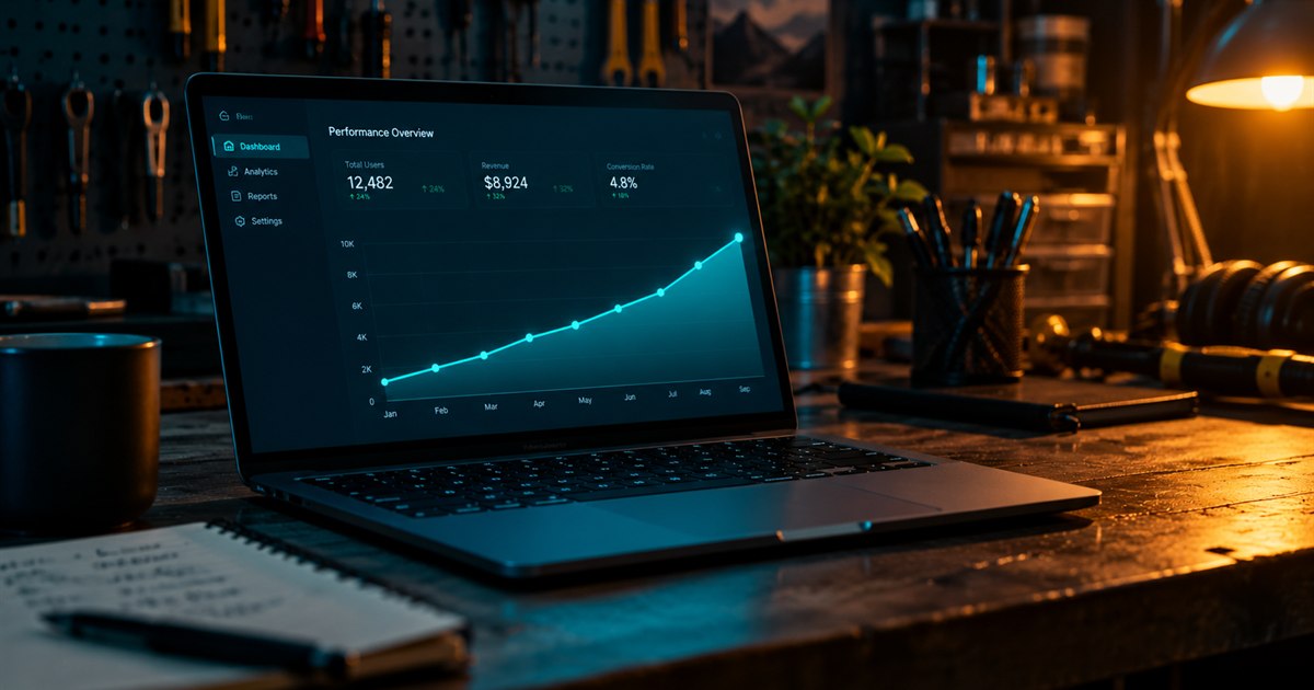 A laptop on a workshop bench showing a rising performance chart, lit teal against a dark workshop