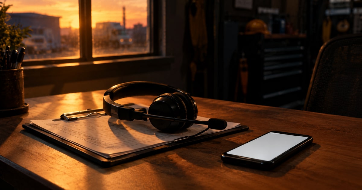 A phone headset resting on a clipboard on a contractor's desk at dusk