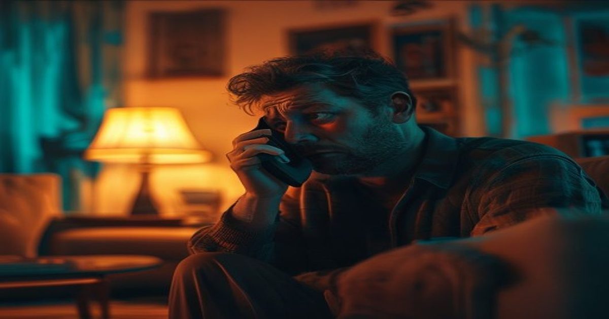 A worried homeowner making a phone call in a warm living room in the evening