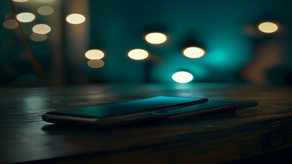 A smartphone lighting up with an incoming call on a desk at night