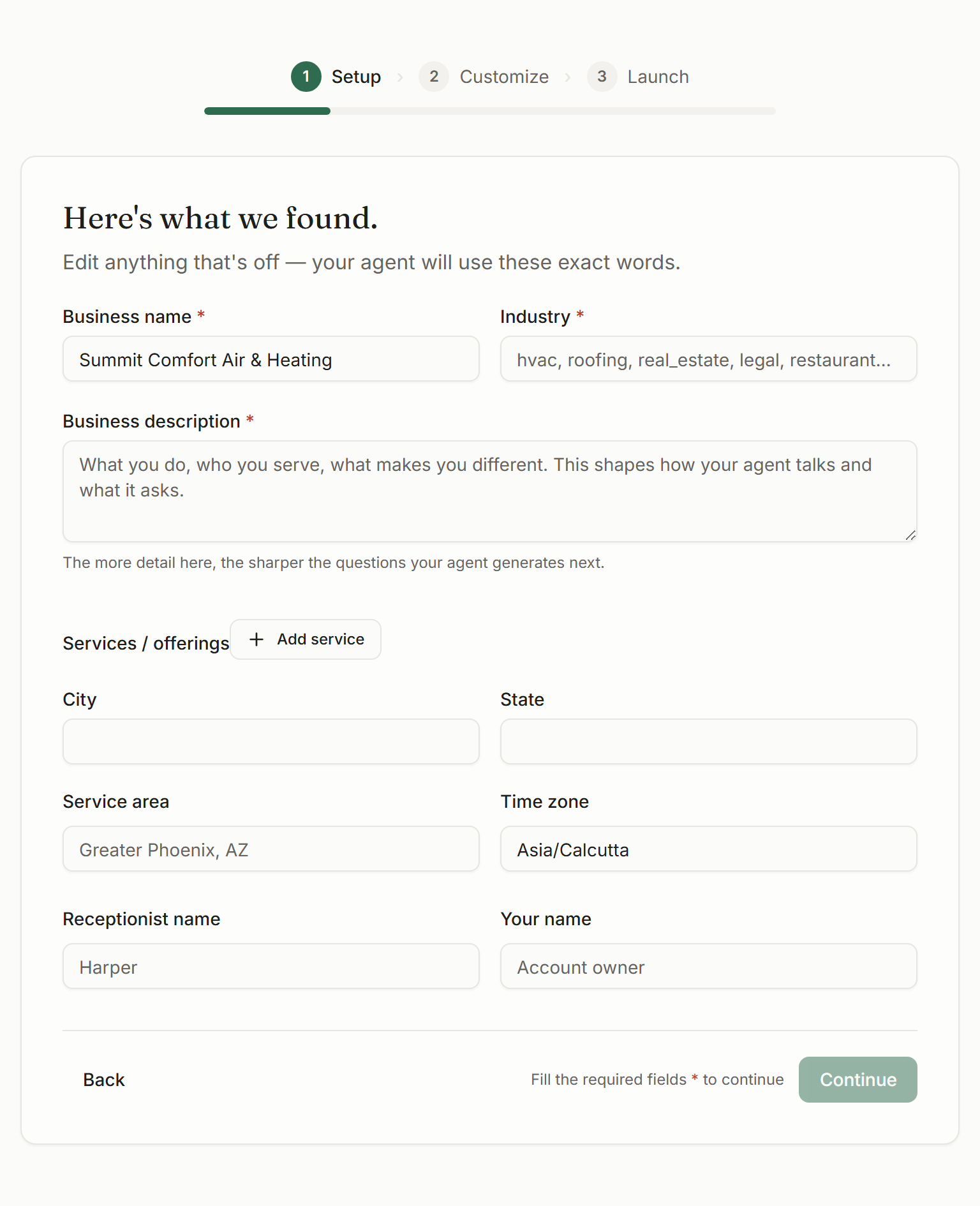 The business details form with name, industry, description, service area and time zone