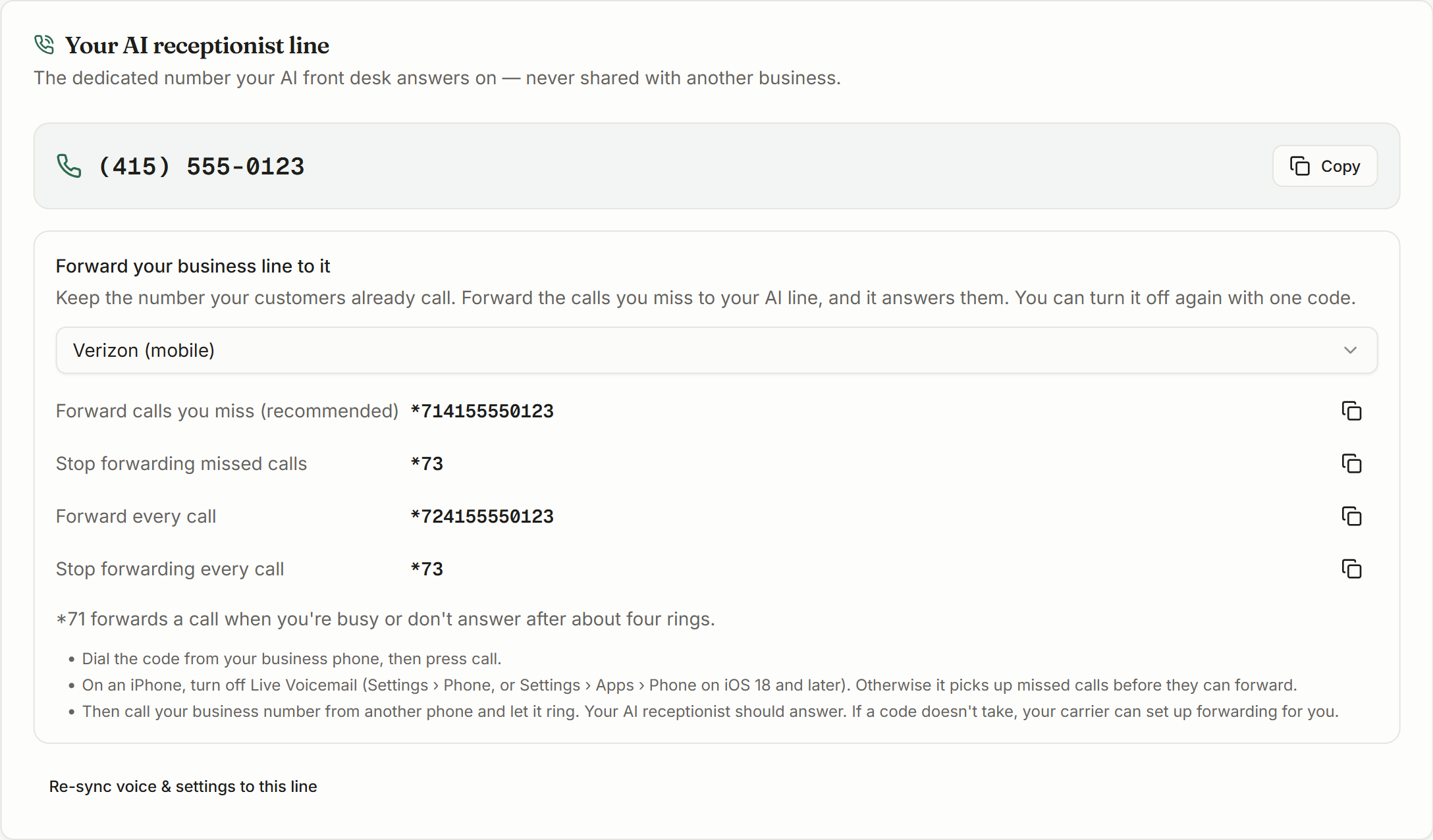 The Your AI receptionist line card in CaughtLeads Business Config, showing the dedicated number and the forwarding panel with a carrier dropdown and copyable star codes