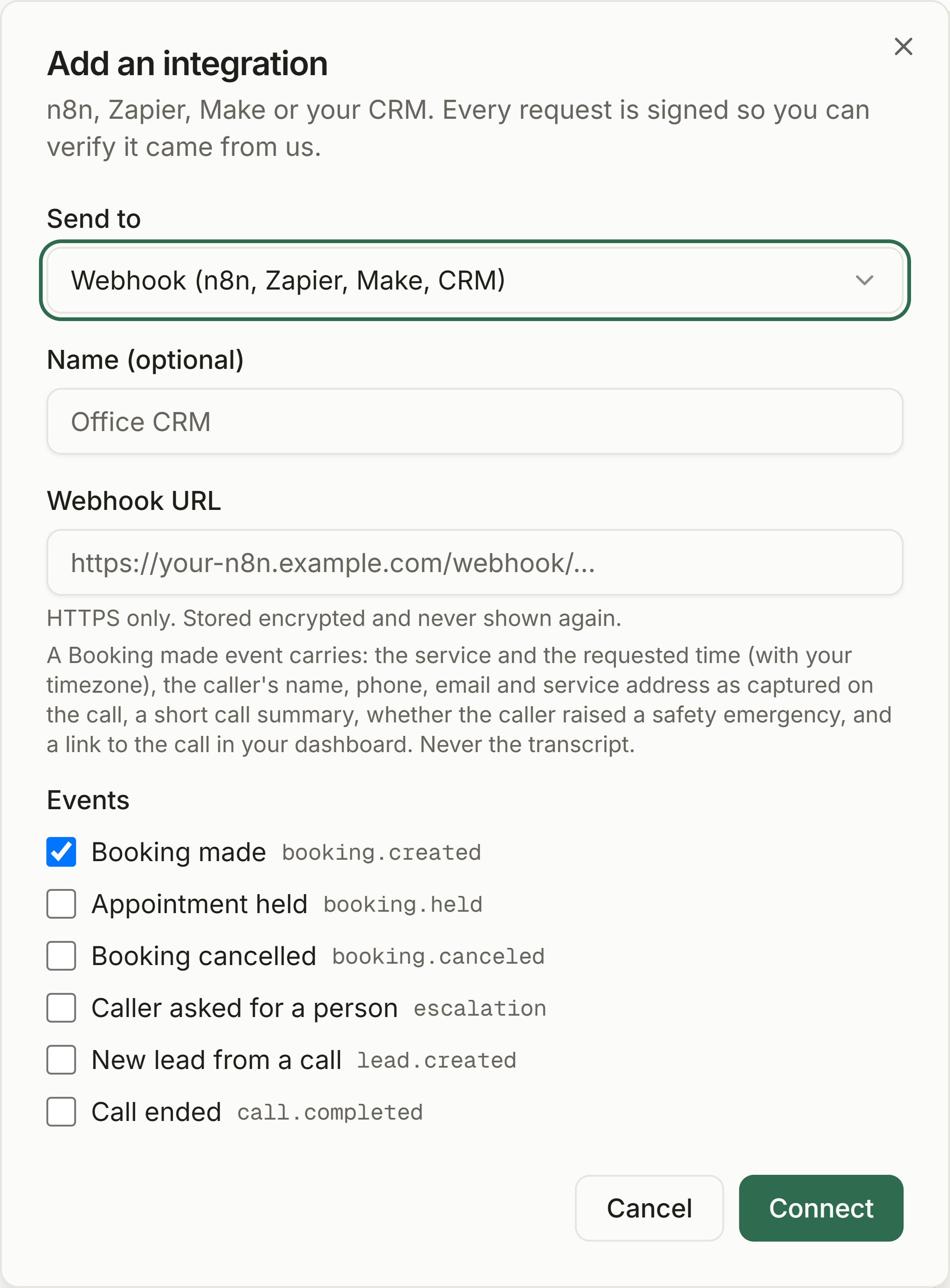 The Add an integration dialog in CaughtLeads with Webhook selected, the Webhook URL field, and the Events list with Booking made ticked
