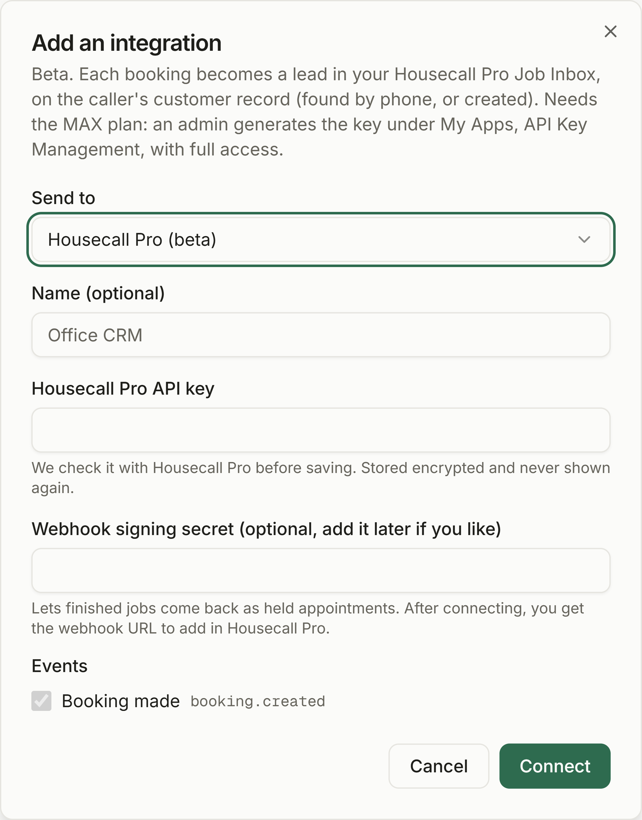 The Add an integration dialog with Housecall Pro (beta) chosen, showing the API key field and the optional webhook signing secret