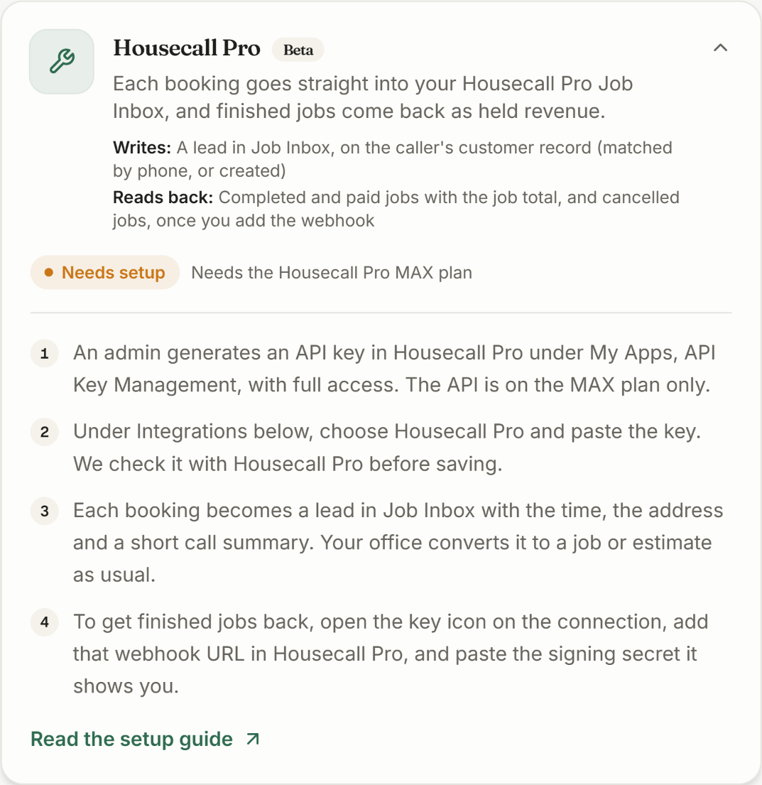 The Housecall Pro connection card in CaughtLeads, expanded to show its four setup steps