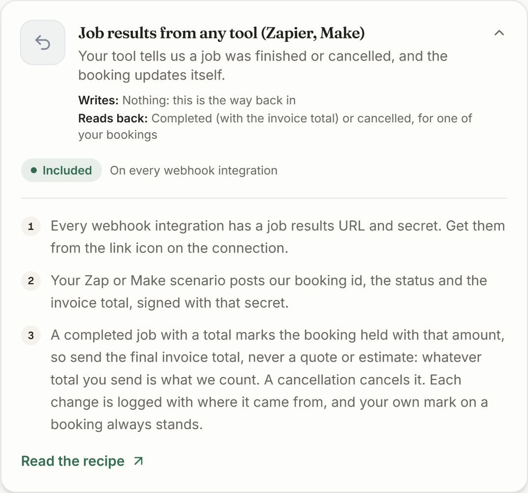 The Job results from any tool card in CaughtLeads Connections, explaining the job results URL and what a completed job does to a booking