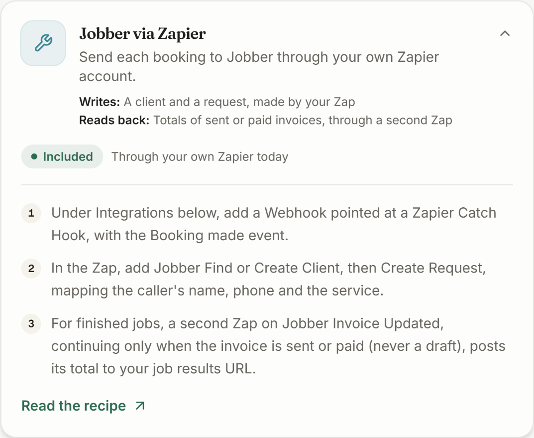 The Jobber via Zapier card in CaughtLeads Connections, expanded to show what it writes into Jobber and what it reads back