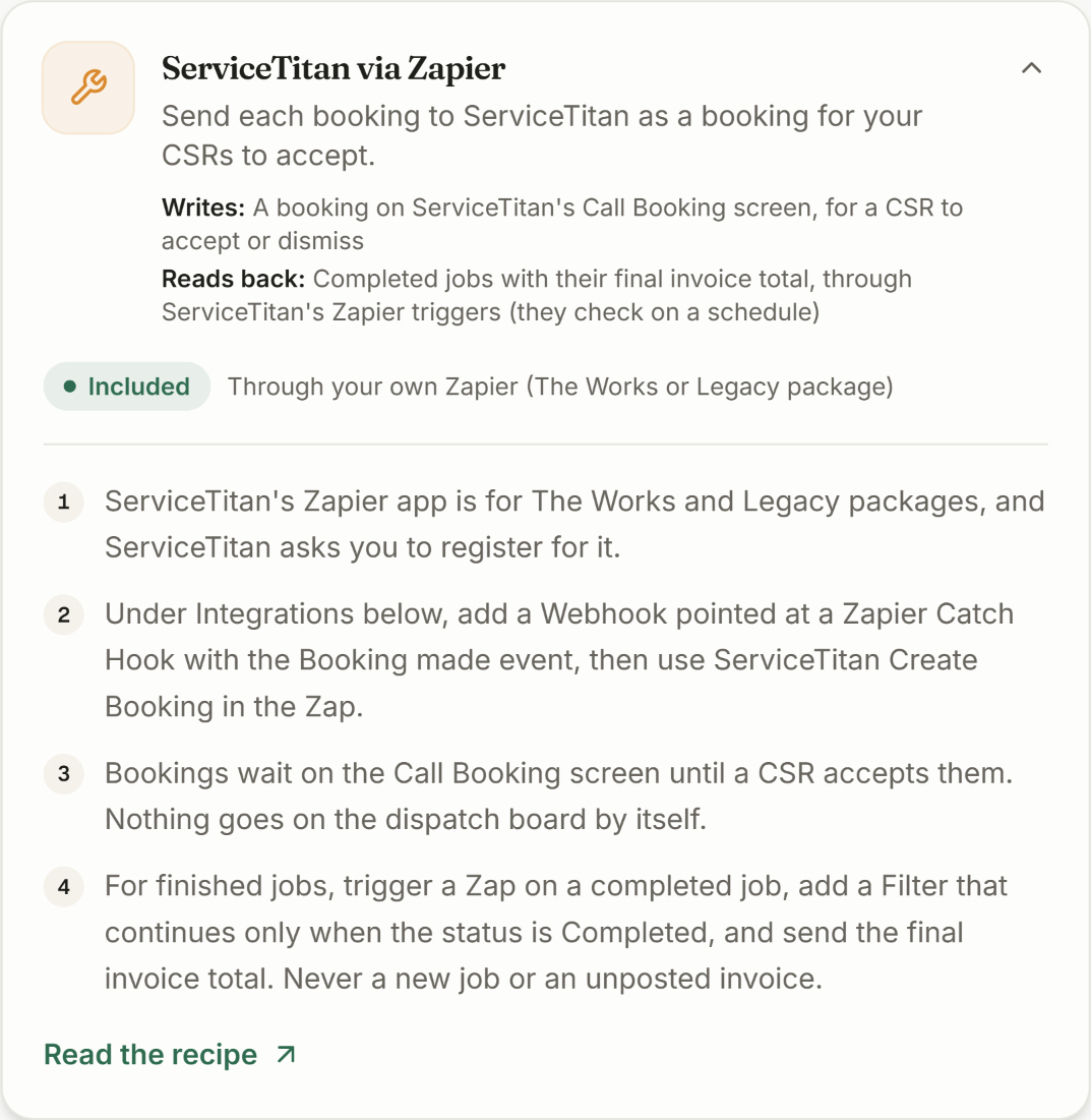 The ServiceTitan via Zapier card in CaughtLeads Connections, expanded to show what it writes into ServiceTitan and what it reads back